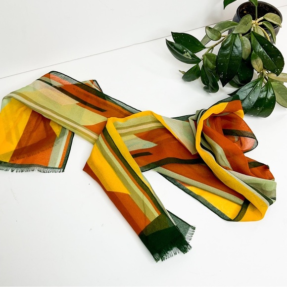 VINTAGE 1970s Striped Scarf Orange Yellow Green | Boho Polyester - Picture 4 of 5